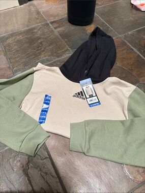 Adidas Beige Pullover Hoodie with Olive Sleeves and Black Hood